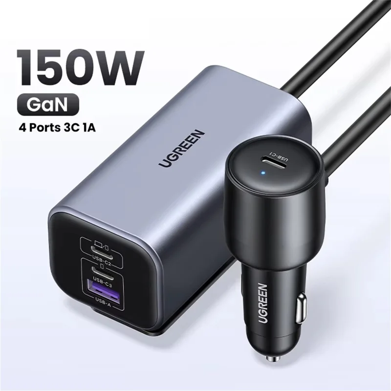 UGREEN 35027 GaN 150W Car Charger 3 USB-C + 1 USB-A Fast Charging Adapter with Extension Cable