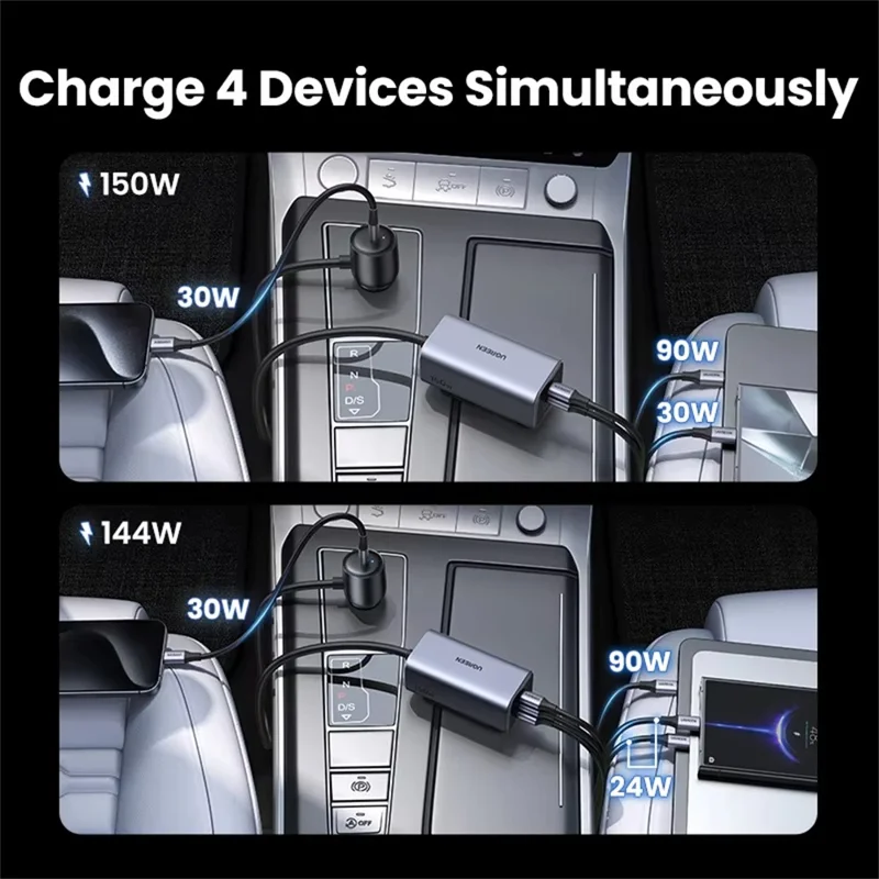 UGREEN 35027 GaN 150W Car Charger 3 USB-C + 1 USB-A Fast Charging Adapter with Extension Cable