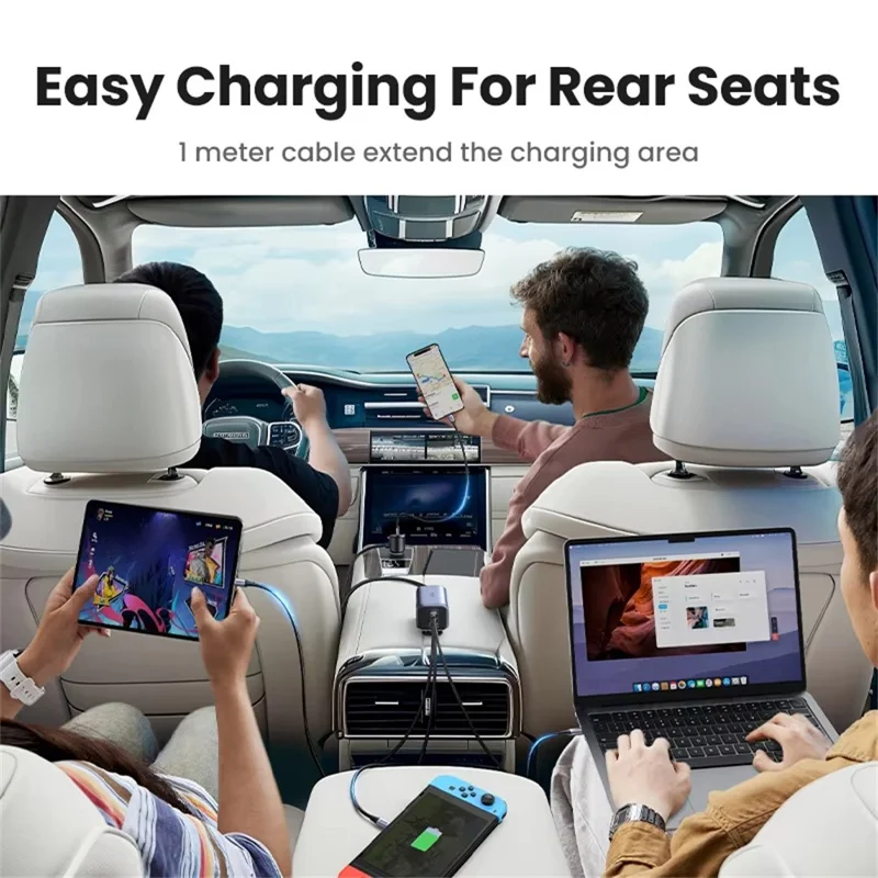 UGREEN 35027 GaN 150W Car Charger 3 USB-C + 1 USB-A Fast Charging Adapter with Extension Cable