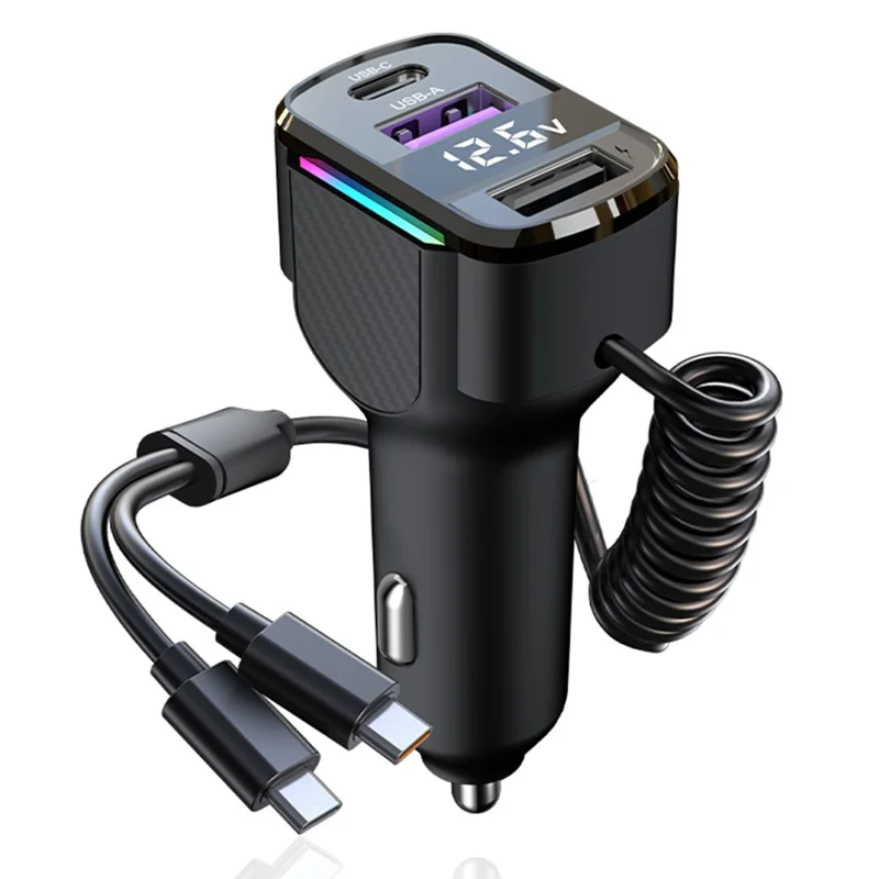 K56 Car Charger PD 30W Fast Charging Cigarette Lighter Adapter with Type C Spring Wire