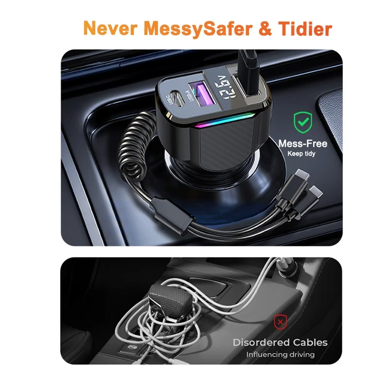 K56 Car Charger PD 30W Fast Charging Cigarette Lighter Adapter with Type C Spring Wire