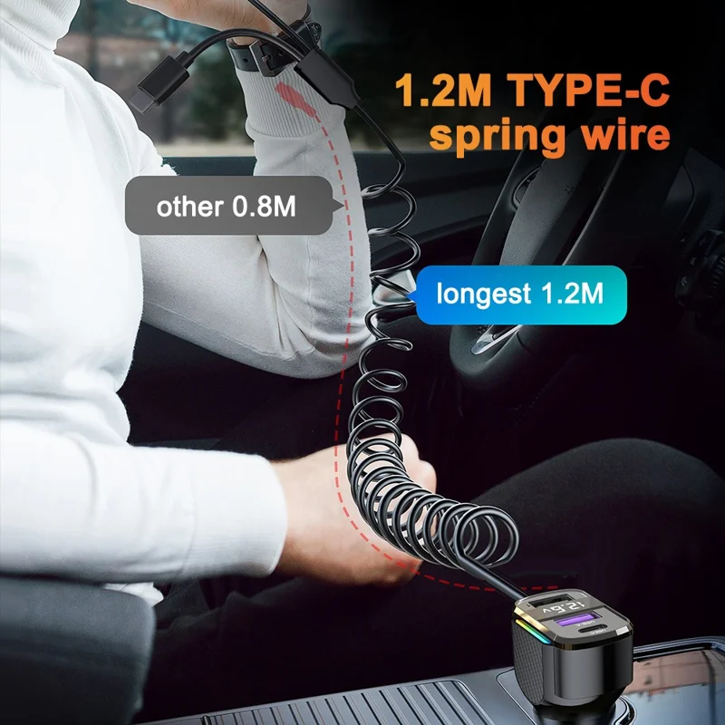 K56 Car Charger PD 30W Fast Charging Cigarette Lighter Adapter with Type C Spring Wire