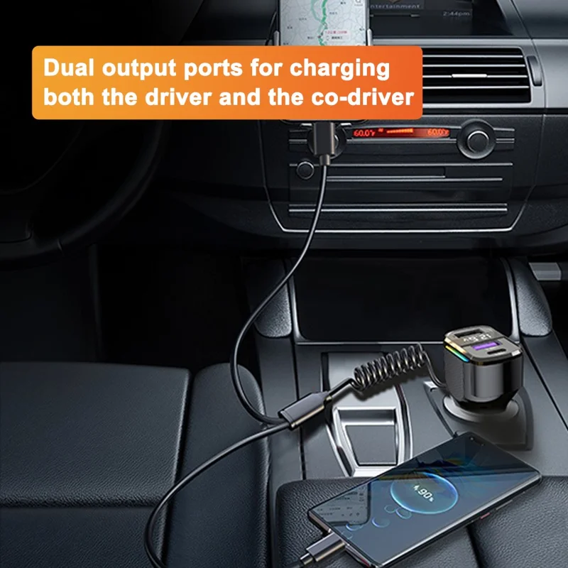 K56 Car Charger PD 30W Fast Charging Cigarette Lighter Adapter with Type C Spring Wire