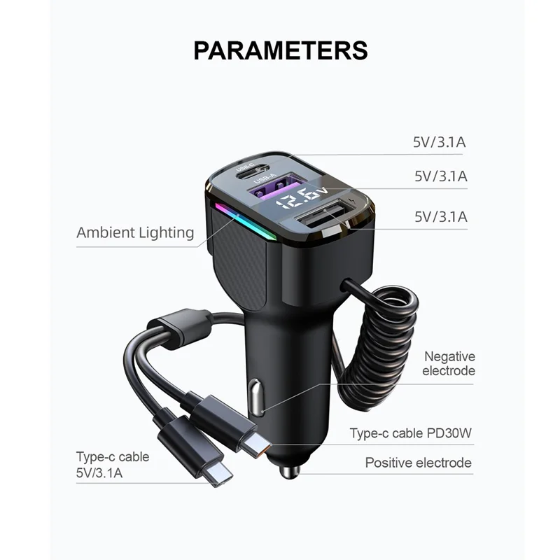 K56 Car Charger PD 30W Fast Charging Cigarette Lighter Adapter with Type C Spring Wire