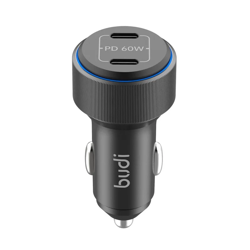 BUDI CC632RB 60W Dual USB-C Ports PD Fast Charging Aluminum Alloy Car Charger with LED Ring Light