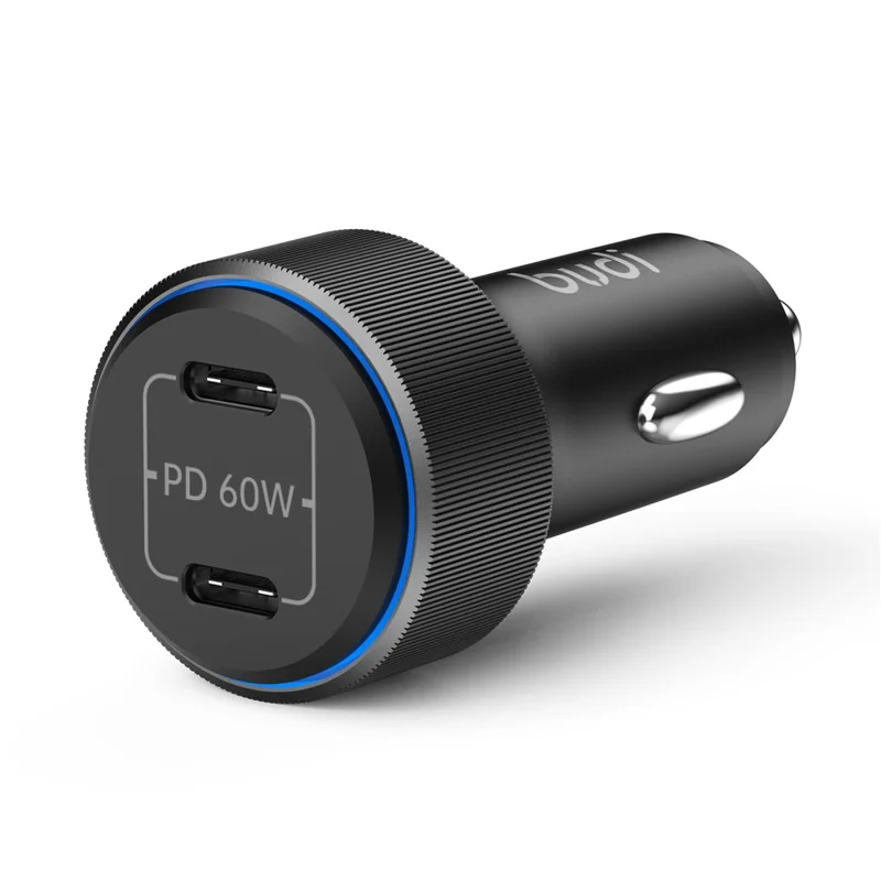 BUDI CC632RB 60W Dual USB-C Ports PD Fast Charging Aluminum Alloy Car Charger with LED Ring Light