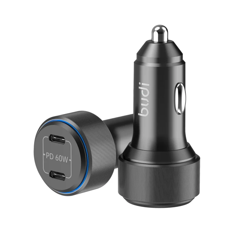 BUDI CC632RB 60W Dual USB-C Ports PD Fast Charging Aluminum Alloy Car Charger with LED Ring Light