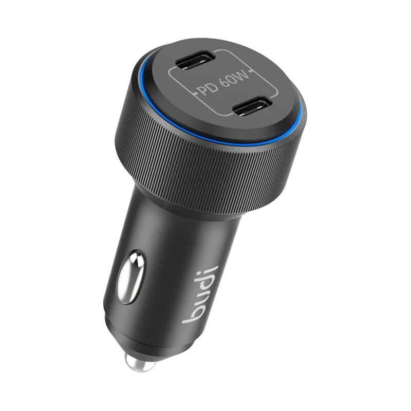 BUDI CC632RB 60W Dual USB-C Ports PD Fast Charging Aluminum Alloy Car Charger with LED Ring Light