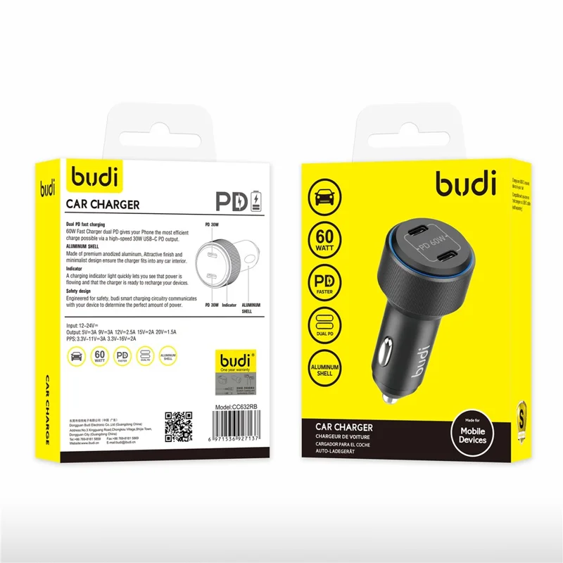 BUDI CC632RB 60W Dual USB-C Ports PD Fast Charging Aluminum Alloy Car Charger with LED Ring Light