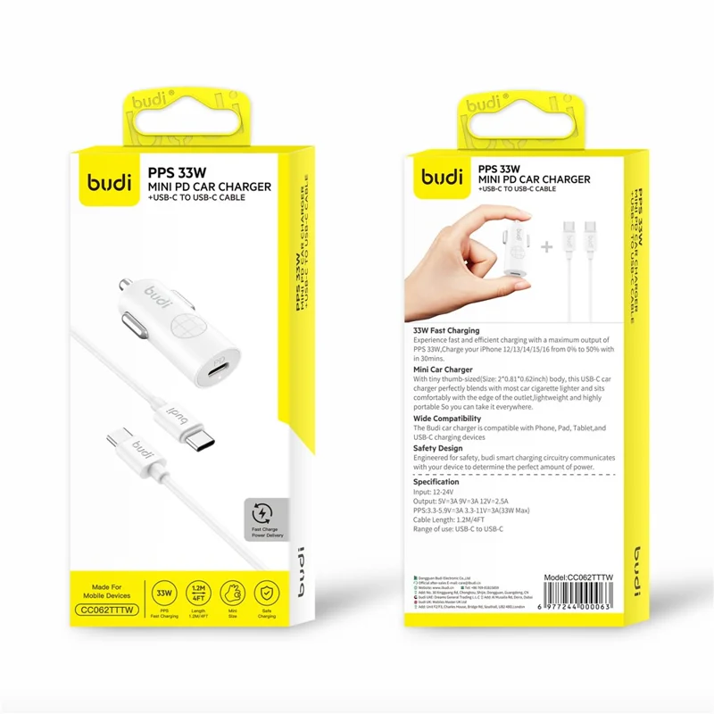 BUDI CC062TTTW USB-C 33W Car Charger Set with 1.2m 60W Type-C to Type-C Cable Mini Cigarette Lighter Adapter
