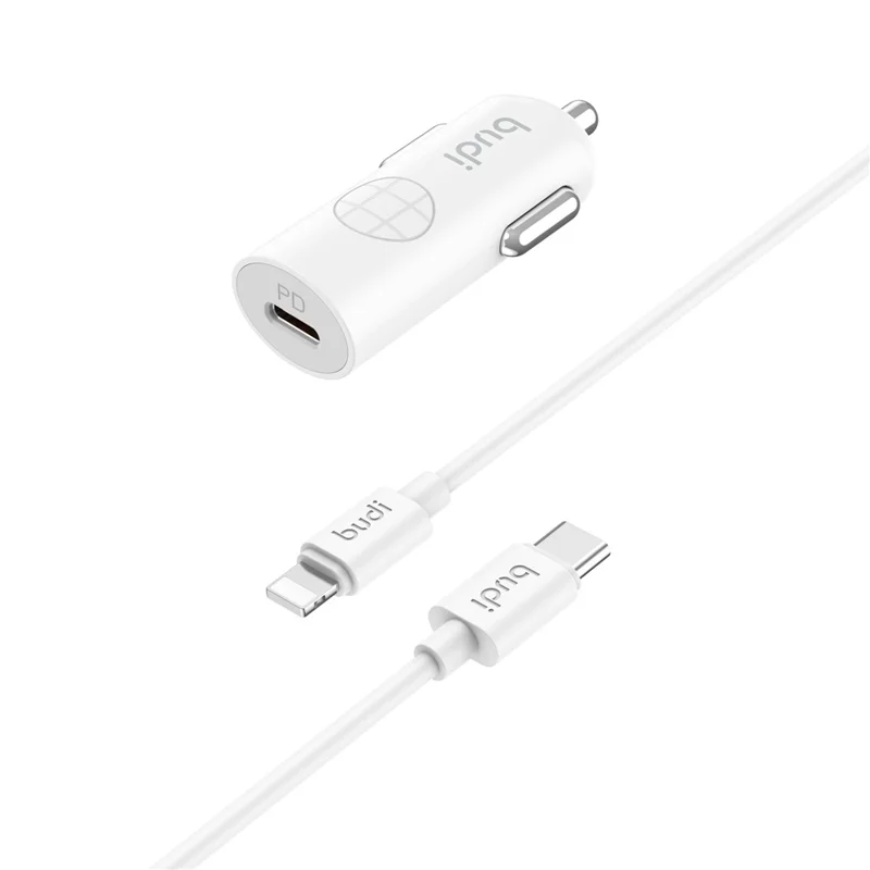 BUDI CC062TTLW USB-C 33W biluppladdningsset med 1,2 m 27W typ-C till iP-kabel, miniändare till cigarettändare