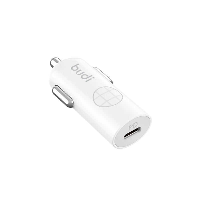 BUDI CC062TTLW USB-C 33W biluppladdningsset med 1,2 m 27W typ-C till iP-kabel, miniändare till cigarettändare