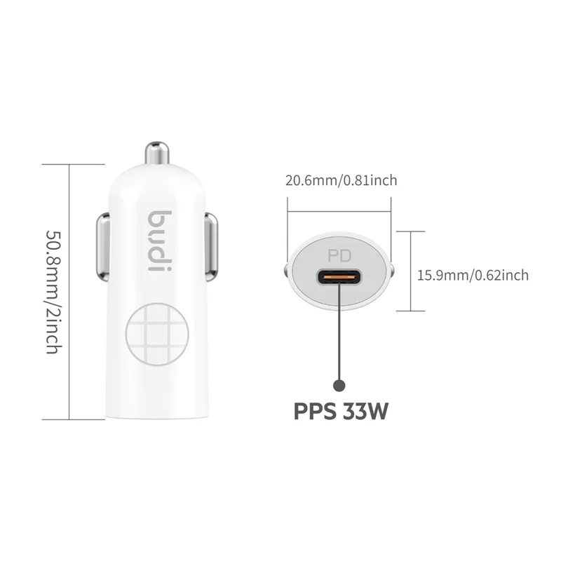 BUDI CC062TTLW USB-C 33W biluppladdningsset med 1,2 m 27W typ-C till iP-kabel, miniändare till cigarettändare
