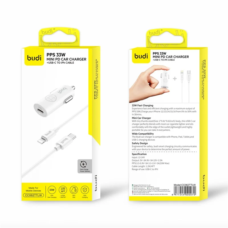 BUDI CC062TTLW USB-C 33W biluppladdningsset med 1,2 m 27W typ-C till iP-kabel, miniändare till cigarettändare