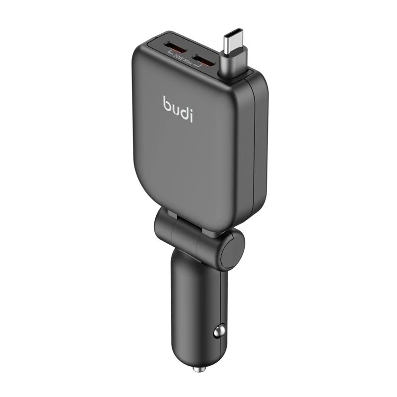 BUDI CC605B 50W Car Charger with Retractable Cable 2 Type-C Multi Ports Folding Cigarette Lighter Adapter