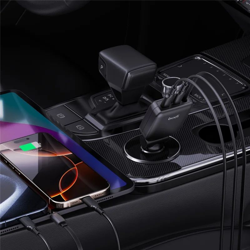 BUDI CC605B 50W Car Charger with Retractable Cable 2 Type-C Multi Ports Folding Cigarette Lighter Adapter