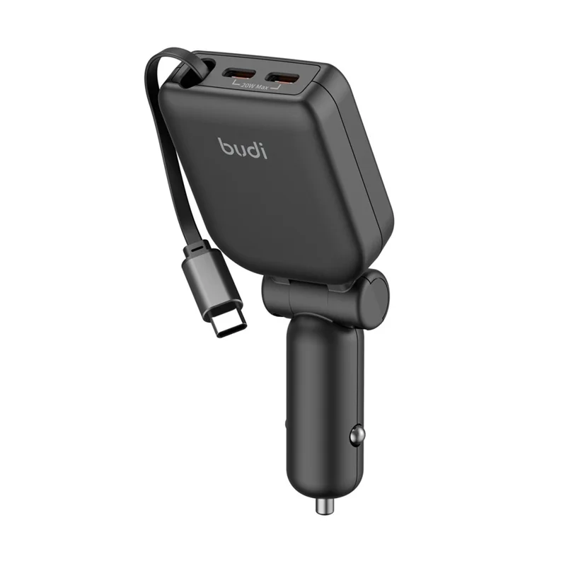 BUDI CC605B 50W Car Charger with Retractable Cable 2 Type-C Multi Ports Folding Cigarette Lighter Adapter