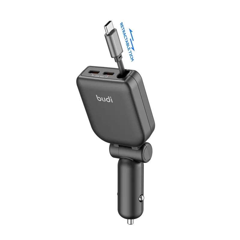 BUDI CC605B 50W Car Charger with Retractable Cable 2 Type-C Multi Ports Folding Cigarette Lighter Adapter