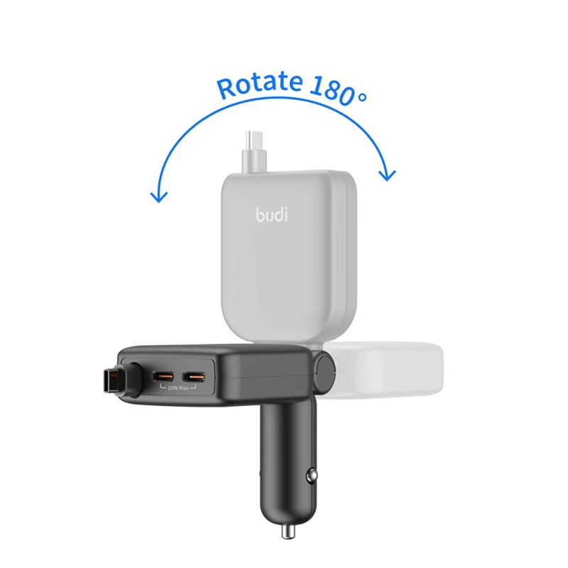 BUDI CC605B 50W Car Charger with Retractable Cable 2 Type-C Multi Ports Folding Cigarette Lighter Adapter