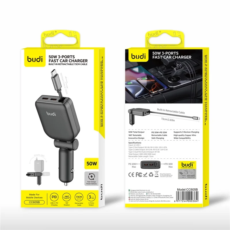 BUDI CC605B 50W Car Charger with Retractable Cable 2 Type-C Multi Ports Folding Cigarette Lighter Adapter
