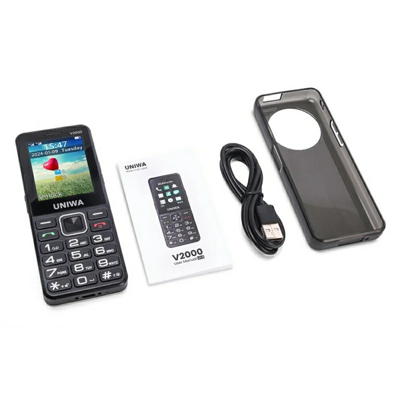 UNIWA V2000 2.4 Inch 4G Bar Phone Dual SIM Dual Standby Feature Phone - Black