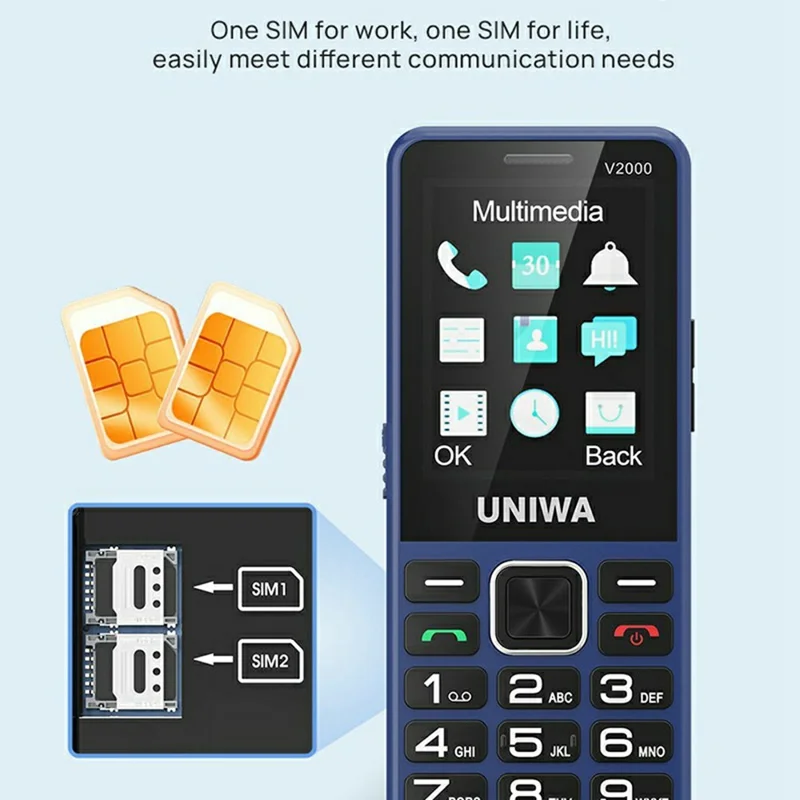 UNIWA V2000 2.4 Inch 4G Bar Phone Dual SIM Dual Standby Feature Phone - Black