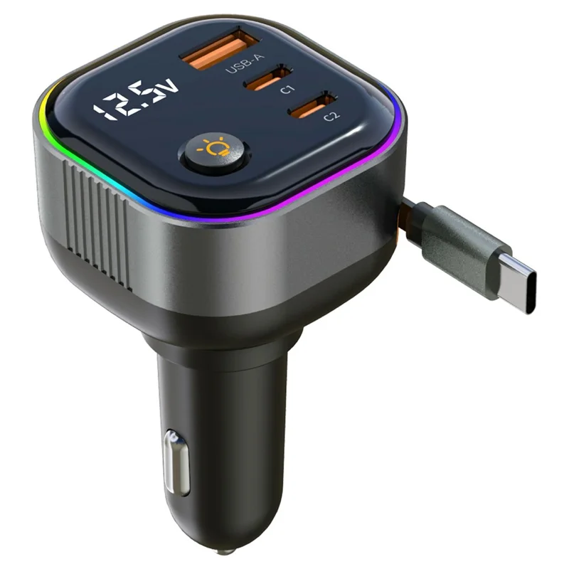 GE03 Voltage Display Car Charger with Retractable Cable and Ambient Light PD 65W Fast Charging Adapter
