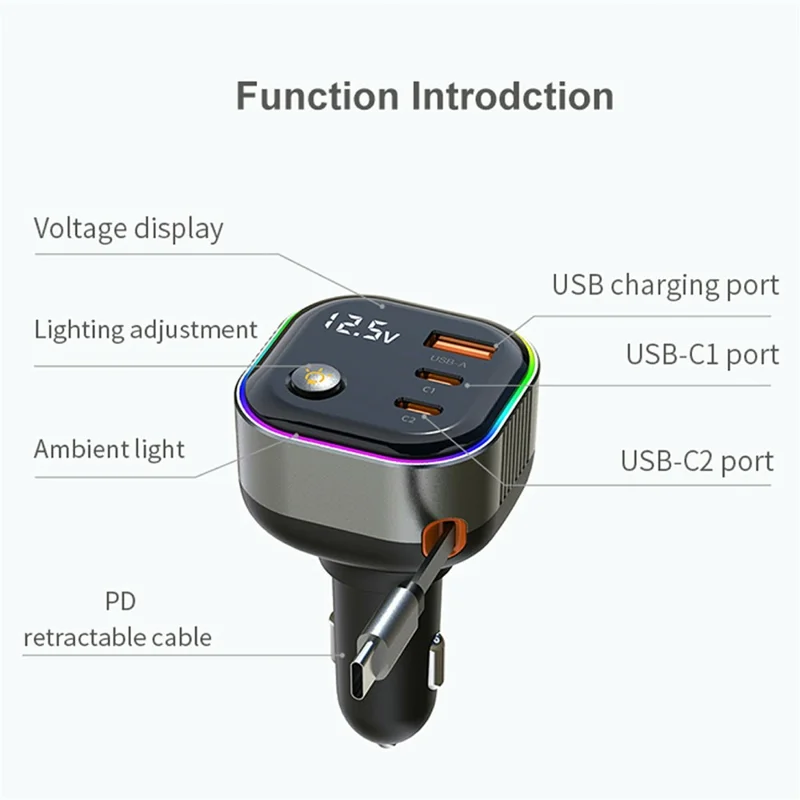 GE03 Voltage Display Car Charger with Retractable Cable and Ambient Light PD 65W Fast Charging Adapter