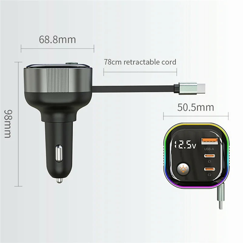 GE03 Voltage Display Car Charger with Retractable Cable and Ambient Light PD 65W Fast Charging Adapter