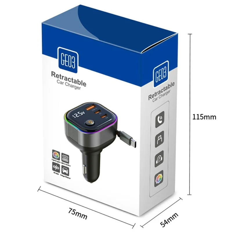 GE03 Voltage Display Car Charger with Retractable Cable and Ambient Light PD 65W Fast Charging Adapter