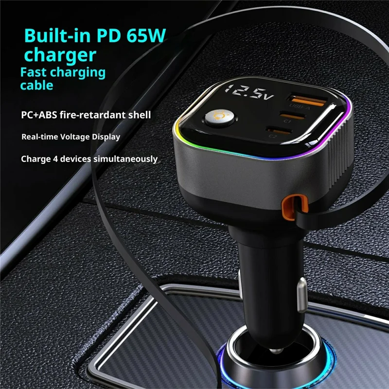 GE03 Voltage Display Car Charger with Retractable Cable and Ambient Light PD 65W Fast Charging Adapter