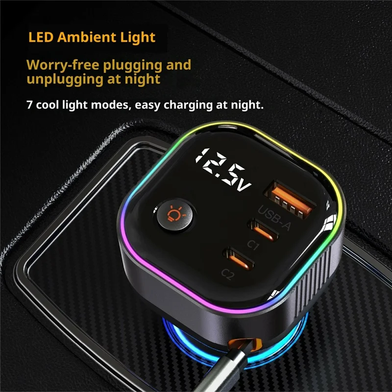 GE03 Voltage Display Car Charger with Retractable Cable and Ambient Light PD 65W Fast Charging Adapter