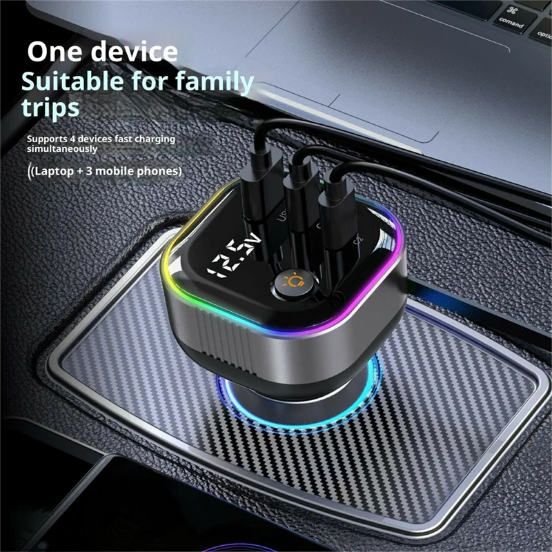 GE03 Voltage Display Car Charger with Retractable Cable and Ambient Light PD 65W Fast Charging Adapter