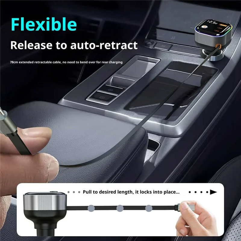 GE03 Voltage Display Car Charger with Retractable Cable and Ambient Light PD 65W Fast Charging Adapter