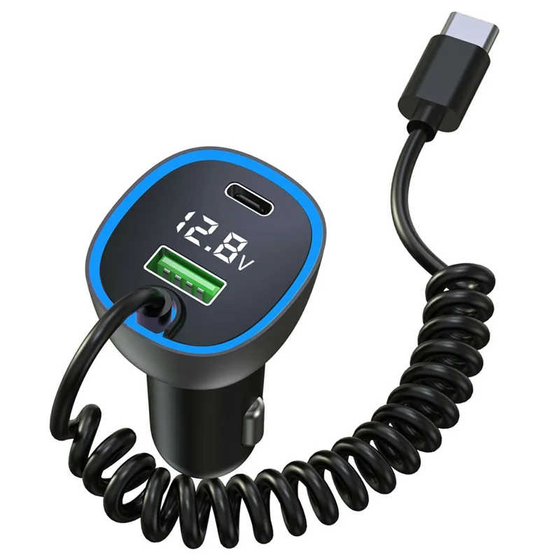 GE05 USB A + Type C Car Charger Voltage Display PD 65W Fast Charging Adapter with Retractable Cable