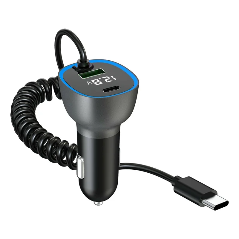GE05 USB A + Type C Car Charger Voltage Display PD 65W Fast Charging Adapter with Retractable Cable