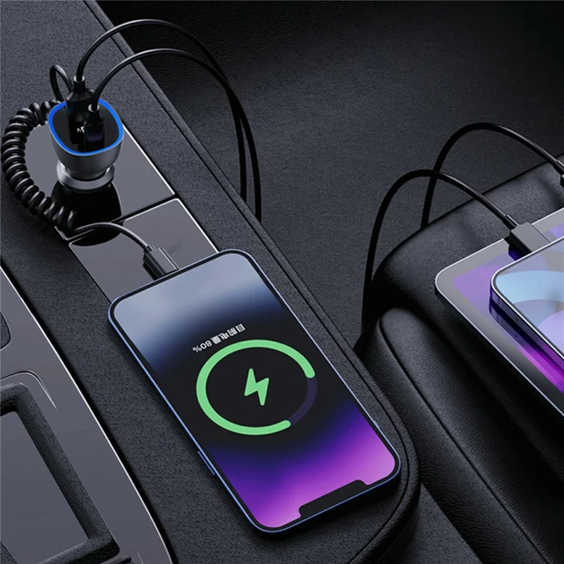 GE05 USB A + Type C Car Charger Voltage Display PD 65W Fast Charging Adapter with Retractable Cable