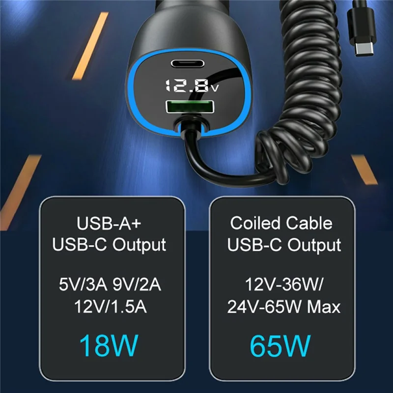 GE05 USB A + Type C Car Charger Voltage Display PD 65W Fast Charging Adapter with Retractable Cable