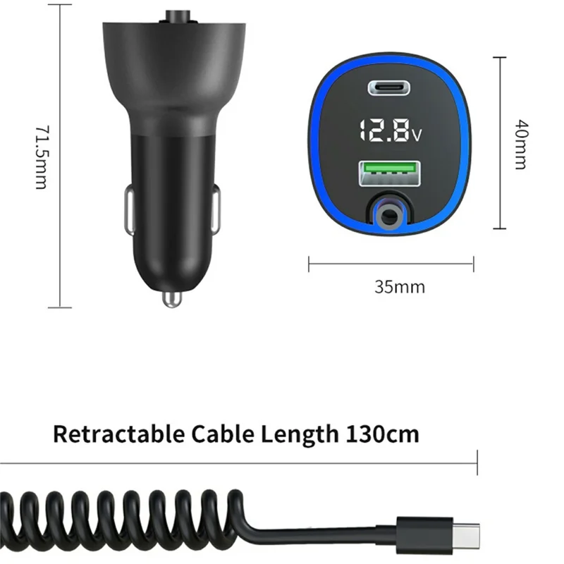 GE05 USB A + Type C Car Charger Voltage Display PD 65W Fast Charging Adapter with Retractable Cable