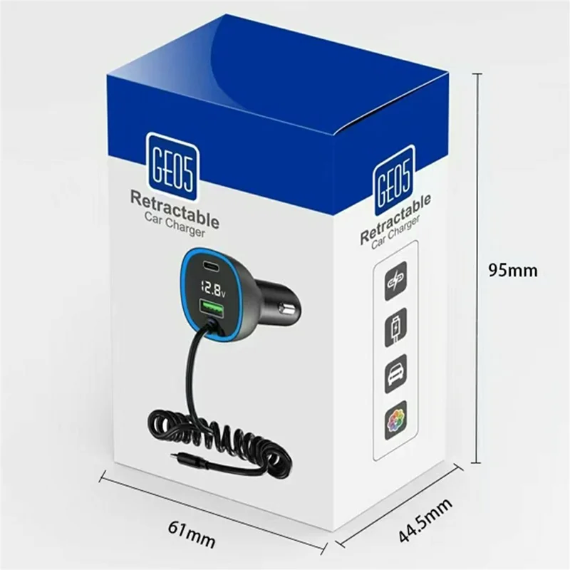 GE05 USB A + Type C Car Charger Voltage Display PD 65W Fast Charging Adapter with Retractable Cable