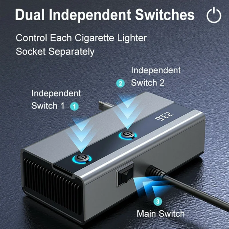GE06 Voltage Display 120W Car Cigarette Lighter Splitter Adapter with PD 65W Fast Charging Retractable Cable