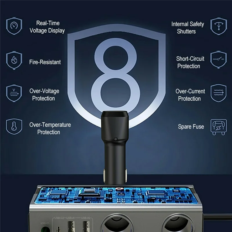 GE06 Voltage Display 120W Car Cigarette Lighter Splitter Adapter with PD 65W Fast Charging Retractable Cable