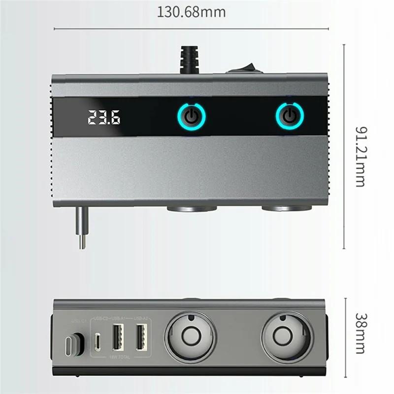 GE06 Voltage Display 120W Car Cigarette Lighter Splitter Adapter with PD 65W Fast Charging Retractable Cable