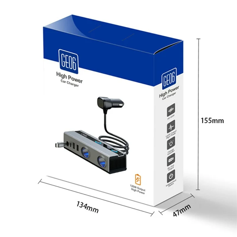 GE06 Voltage Display 120W Car Cigarette Lighter Splitter Adapter with PD 65W Fast Charging Retractable Cable