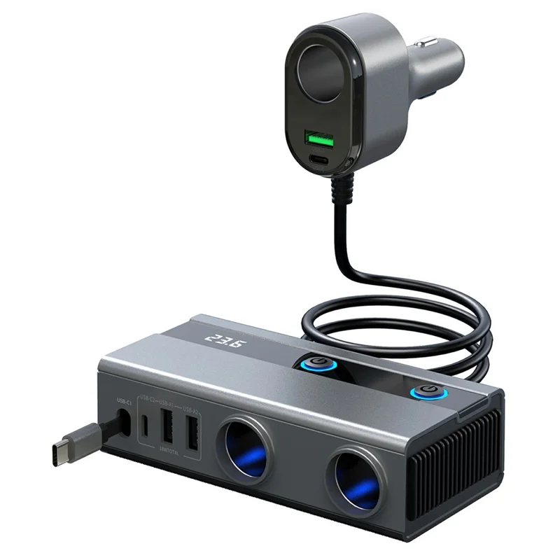 GE08 PD 65W Fast Charging Car Charger 9 in 1 Cigarette Lighter Adapter with Independent Switch and Retractable Cable