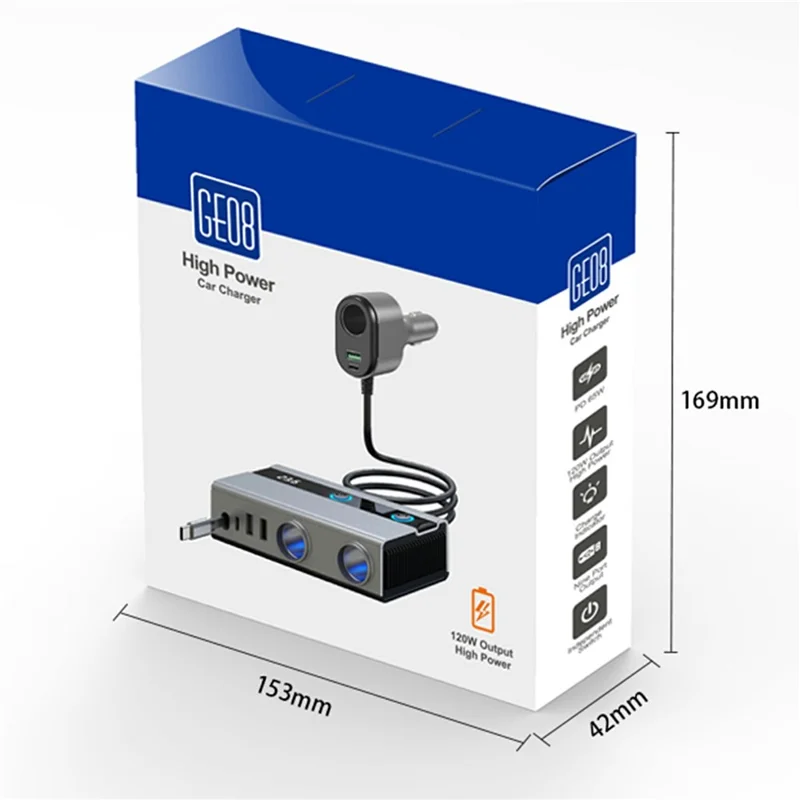 GE08 PD 65W Fast Charging Car Charger 9 in 1 Cigarette Lighter Adapter with Independent Switch and Retractable Cable