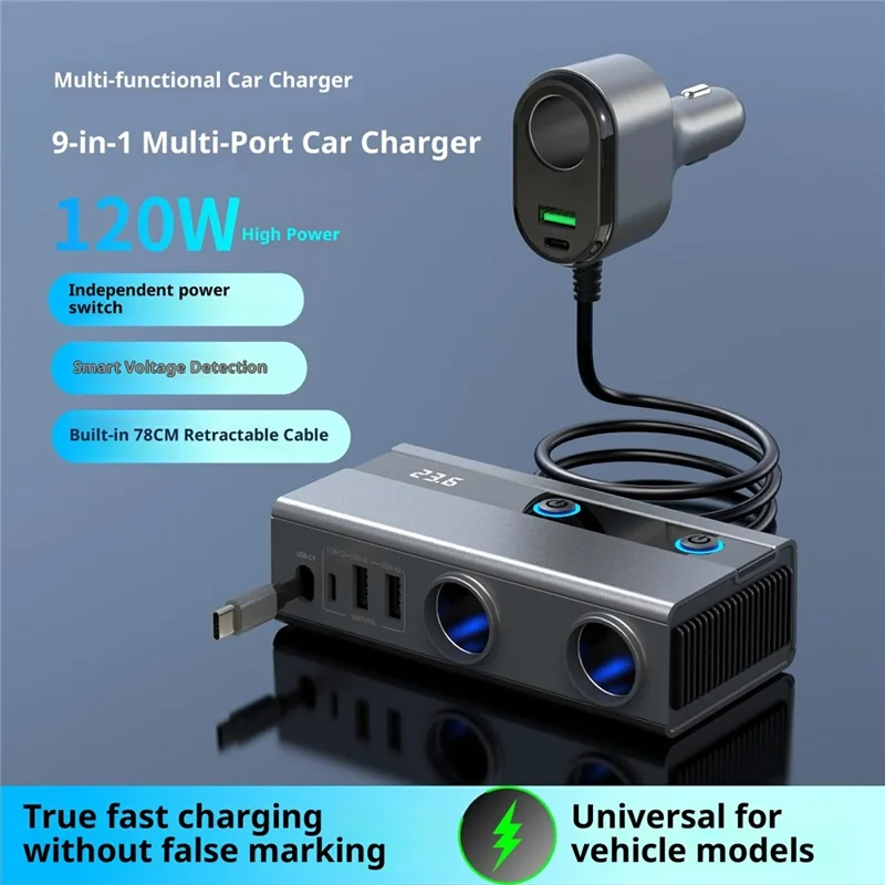 GE08 PD 65W Fast Charging Car Charger 9 in 1 Cigarette Lighter Adapter with Independent Switch and Retractable Cable
