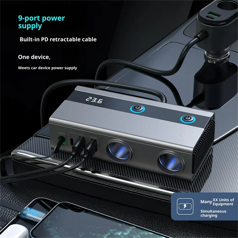 GE08 PD 65W Fast Charging Car Charger 9 in 1 Cigarette Lighter Adapter with Independent Switch and Retractable Cable