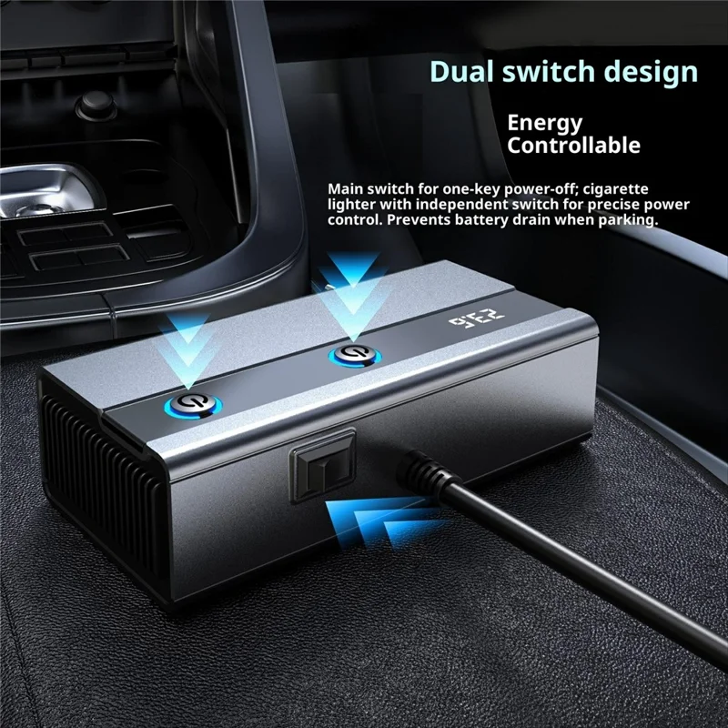 GE08 PD 65W Fast Charging Car Charger 9 in 1 Cigarette Lighter Adapter with Independent Switch and Retractable Cable