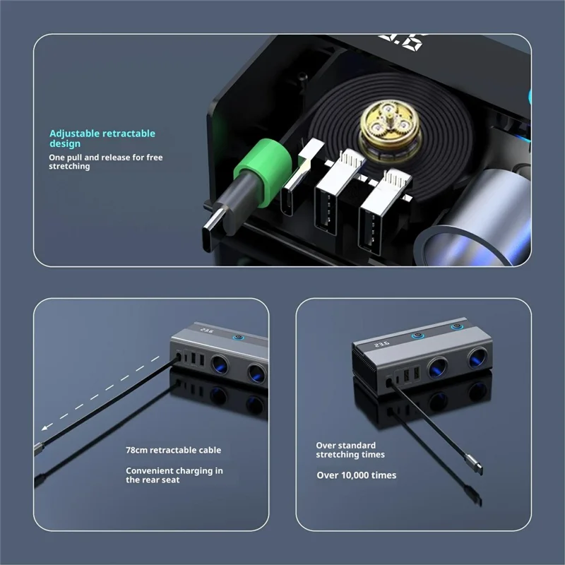 GE08 PD 65W Fast Charging Car Charger 9 in 1 Cigarette Lighter Adapter with Independent Switch and Retractable Cable